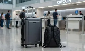 Walizka i plecak czekają na odprawę. Czy bagaż rejestrowany jest sprawdzany? Ludzie stoją w kolejce do stanowiska check-in.
