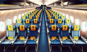 Puste miejsca w samolocie Ryanair z żółtymi zagłówkami i znakami zapytania. Czekają na pasażerów.