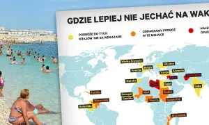 Mapa świata z zaznaczonymi krajami, gdzie lepiej nie jechać na ferie za granicę. W tle plaża z ludźmi.