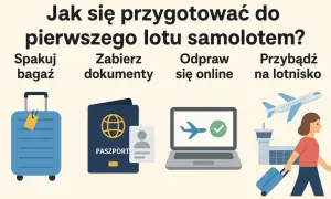 Pierwszy raz na lotnisku? Spakuj bagaż, zabierz dokumenty, odpraw się online i przybądź na lotnisko. Ilustracja pokazuje walizkę, paszport, laptop i samolot.