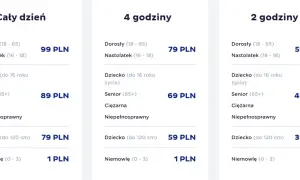 Cennik Santiago Aquapark: bilety całodniowe, 4-godzinne i 2-godzinne dla dorosłych, nastolatków, dzieci, seniorów i niemowląt.