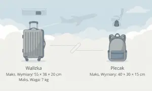Walizka i plecak jako bagaż podręczny. Wymiary walizki 55x38x20 cm, waga 7 kg. Wymiary plecaka 40x30x15 cm.