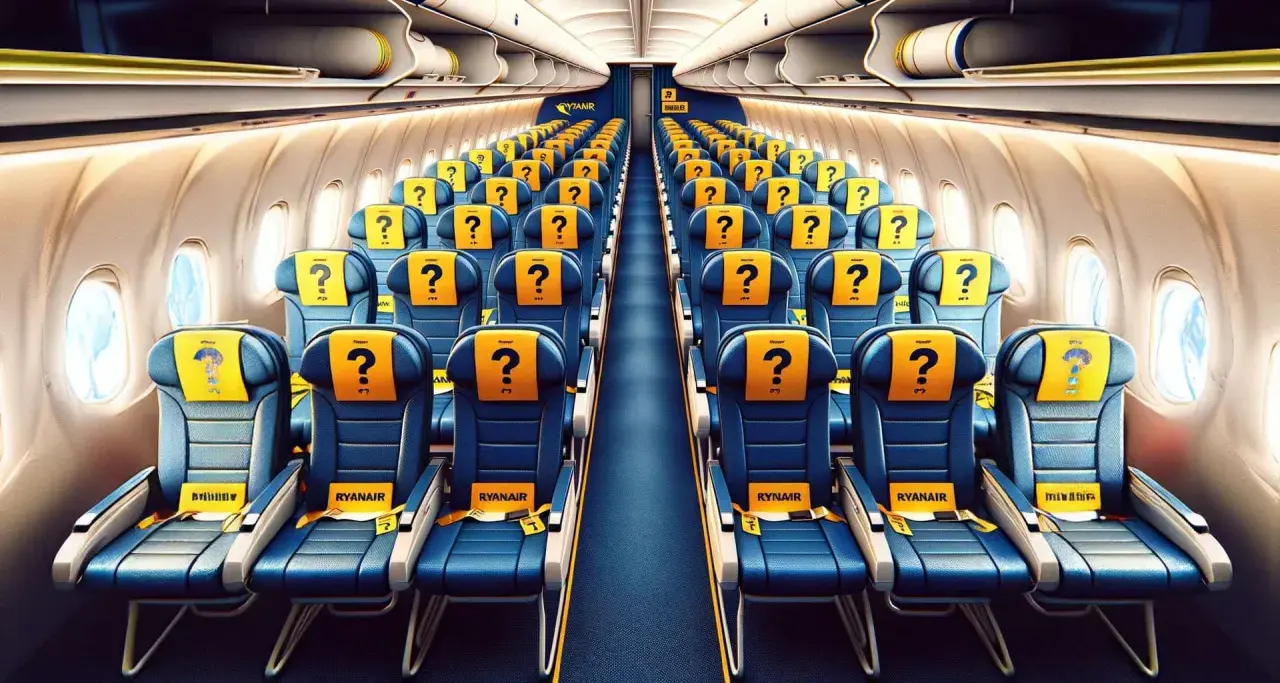Puste miejsca w samolocie Ryanair z żółtymi zagłówkami i znakami zapytania. Czekają na pasażerów.
