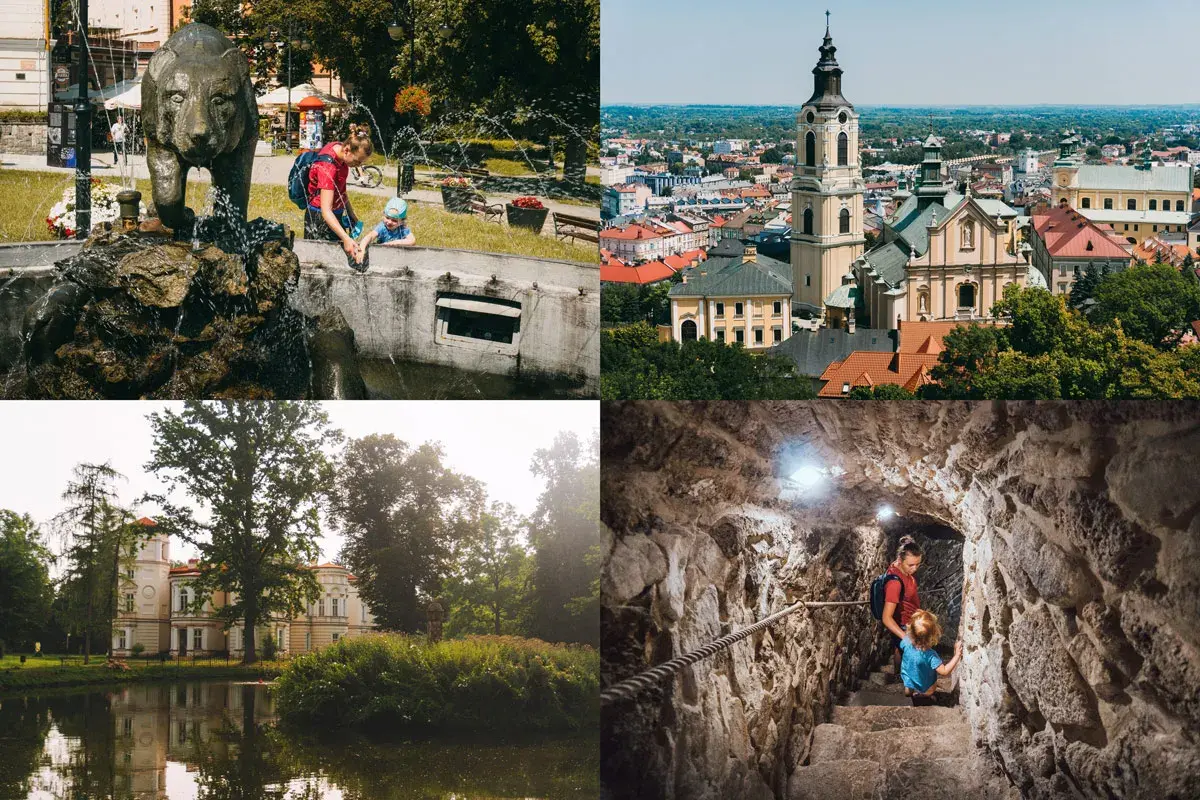 Ciekawe miejsca na rodzinne wycieczki: fontanna z niedźwiedziem, miasto z wieżą, pałac nad jeziorem i podziemne korytarze.
