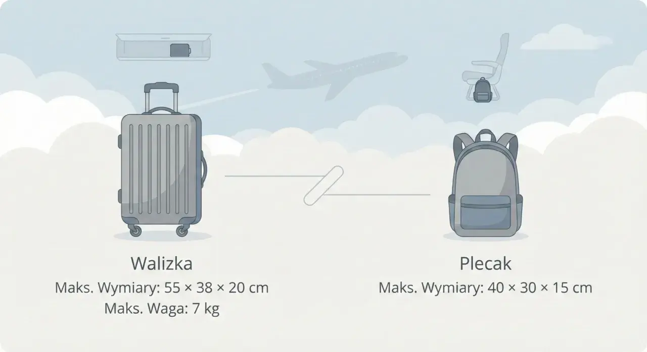Walizka i plecak jako bagaż podręczny. Wymiary walizki 55x38x20 cm, waga 7 kg. Wymiary plecaka 40x30x15 cm.