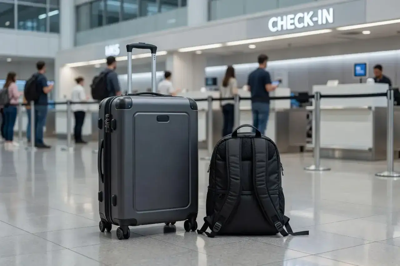 Walizka i plecak czekają na odprawę. Czy bagaż rejestrowany jest sprawdzany? Ludzie stoją w kolejce do stanowiska check-in.