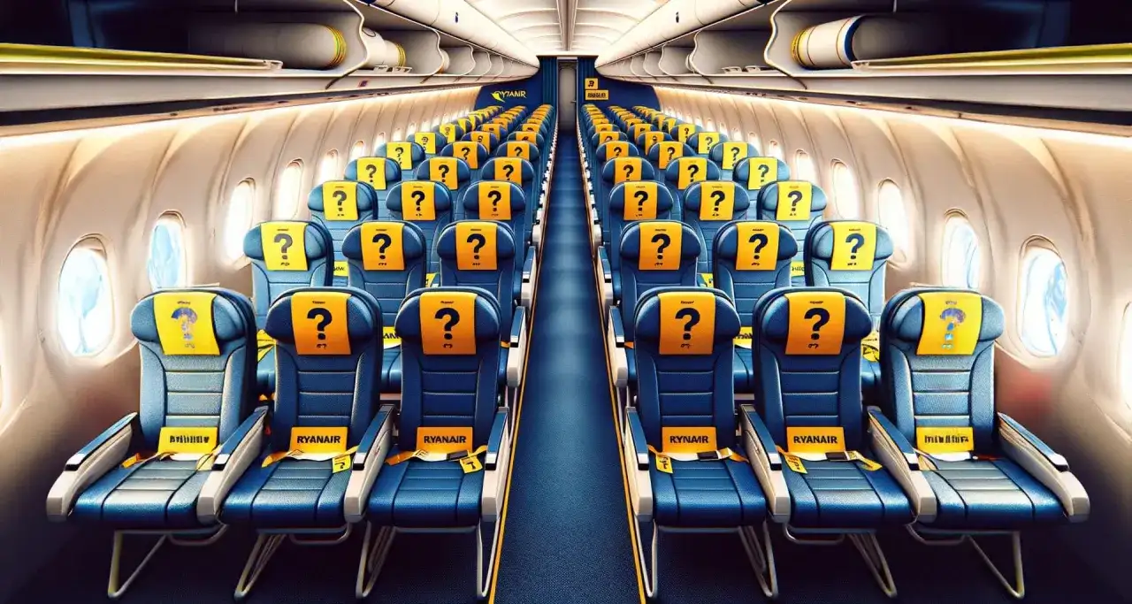 Puste miejsca w samolocie Ryanair z żółtymi zagłówkami i znakami zapytania. Czekają na pasażerów.