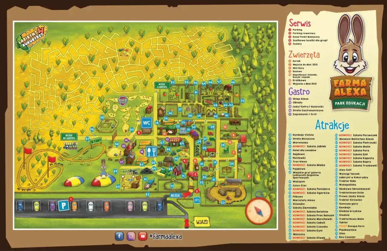 Mapa Farma Alexa: labirynty, zwierzęta, atrakcje i gastro. Znajdź drogę przez kukurydzę i odkryj wszystkie zabawy!