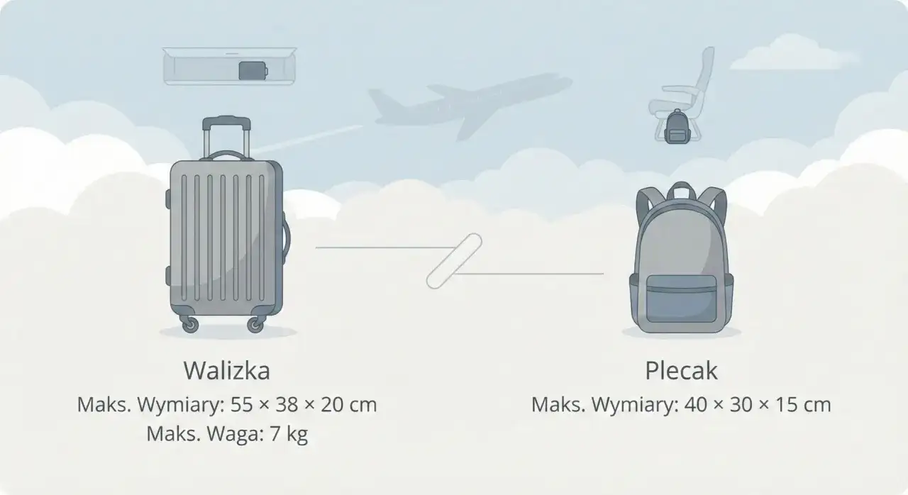 Walizka i plecak jako bagaż podręczny. Wymiary walizki 55x38x20 cm, waga 7 kg. Wymiary plecaka 40x30x15 cm.