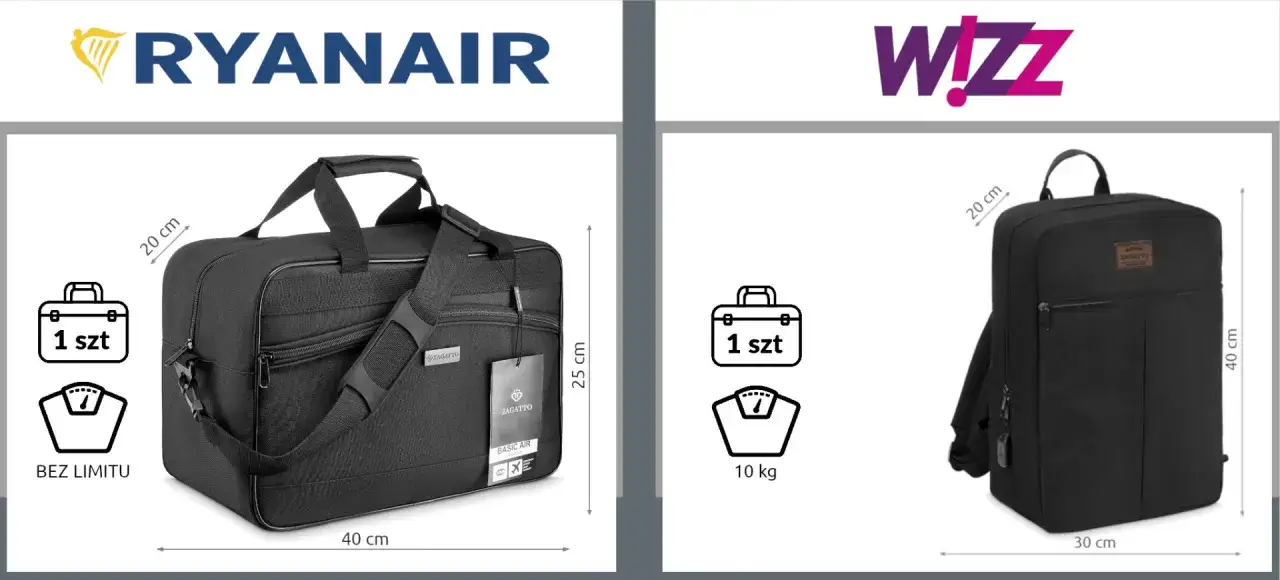 Duży bagaż podręczny Ryanair, wymiary 40x25x20 cm, bez limitu wagowego. Idealny na podróż.