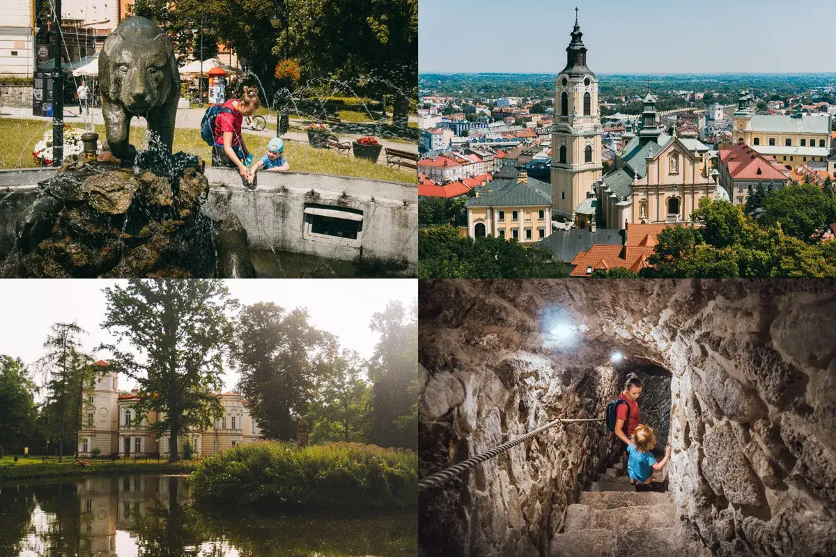 Dzieci bawią się przy fontannie z niedźwiedziem, zwiedzają miasto, pałac i jaskinię. Wspaniałe przemyśl atrakcje dla dzieci!