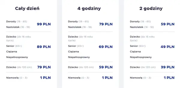 Cennik Santiago Aquapark: bilety całodniowe, 4-godzinne i 2-godzinne dla dorosłych, nastolatków, dzieci, seniorów i niemowląt.