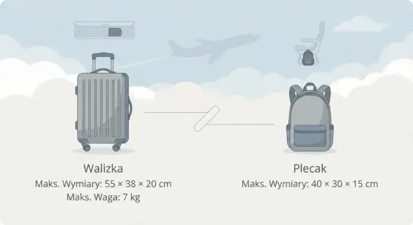 Walizka i plecak jako bagaż podręczny. Wymiary walizki 55x38x20 cm, waga 7 kg. Wymiary plecaka 40x30x15 cm.