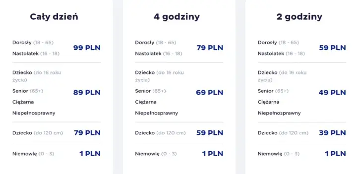 Cennik Santiago Aquapark: bilety całodniowe, 4-godzinne i 2-godzinne dla dorosłych, nastolatków, dzieci, seniorów i niemowląt.